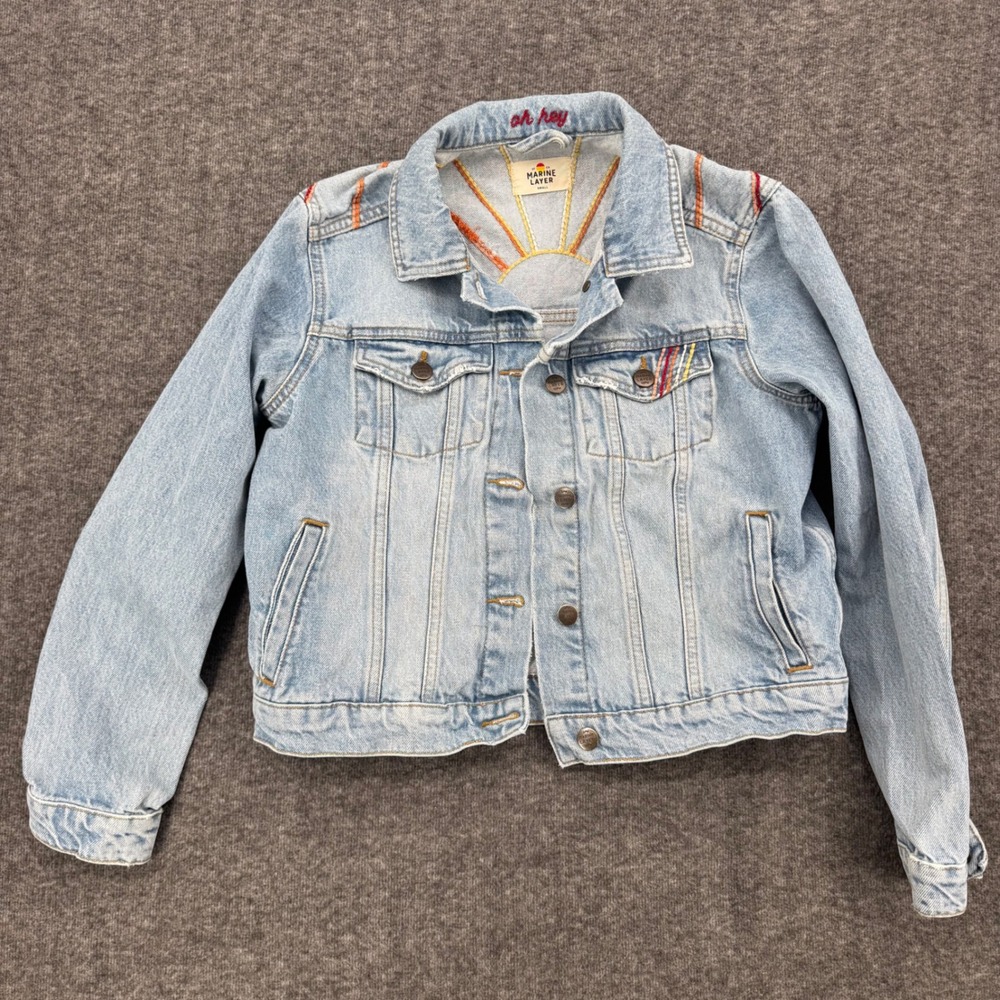 Marine Layer Womens Small Sunburst Embroidered Denim Trucker Jacket Light Wash